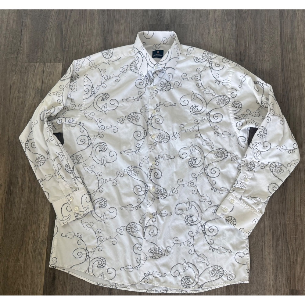 Marcello Sport Men's White Embroidered Scroll Print Button Down Shirt Medium